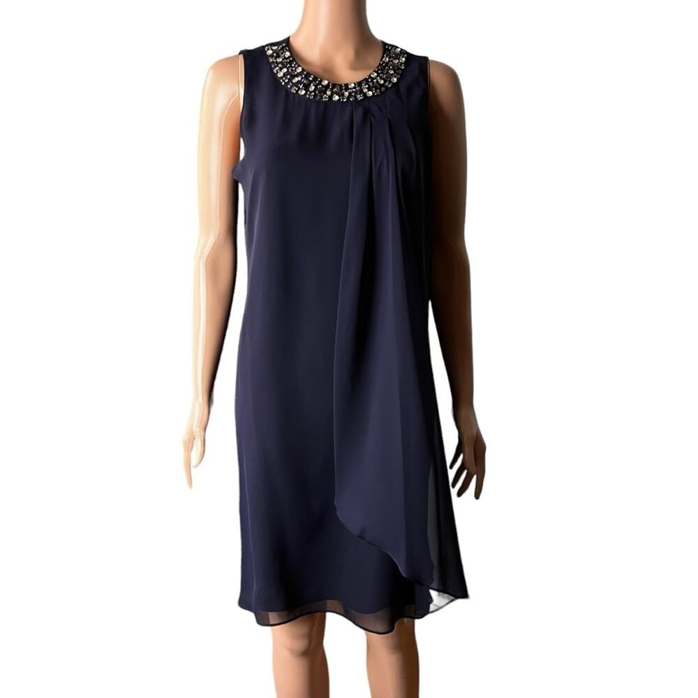 Vince Camuto Jewel Embellished Chiffon Draped Party Cocktail Dress 8 Glam Luxe